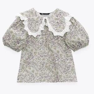 Zara Floral Puff Sleeve Blouse - Gray and White